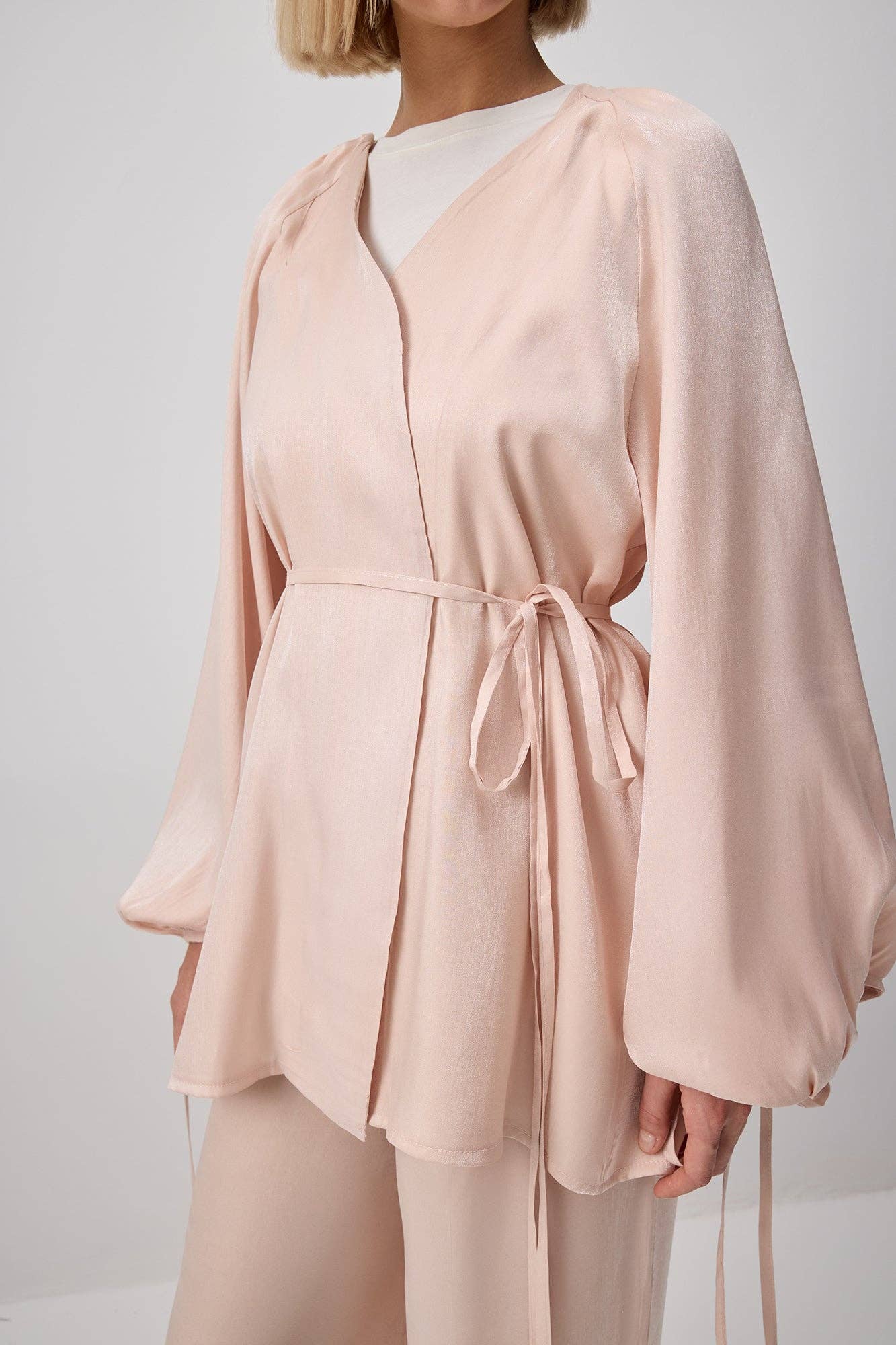 Pink Textured Satin Look Belted Tunic & Wide Leg Pants Set for wholesale on Faire1