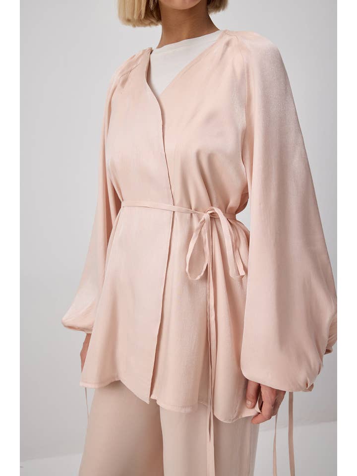 Pink Textured Satin Look Belted Tunic & Wide Leg Pants Set for wholesale on Faire1