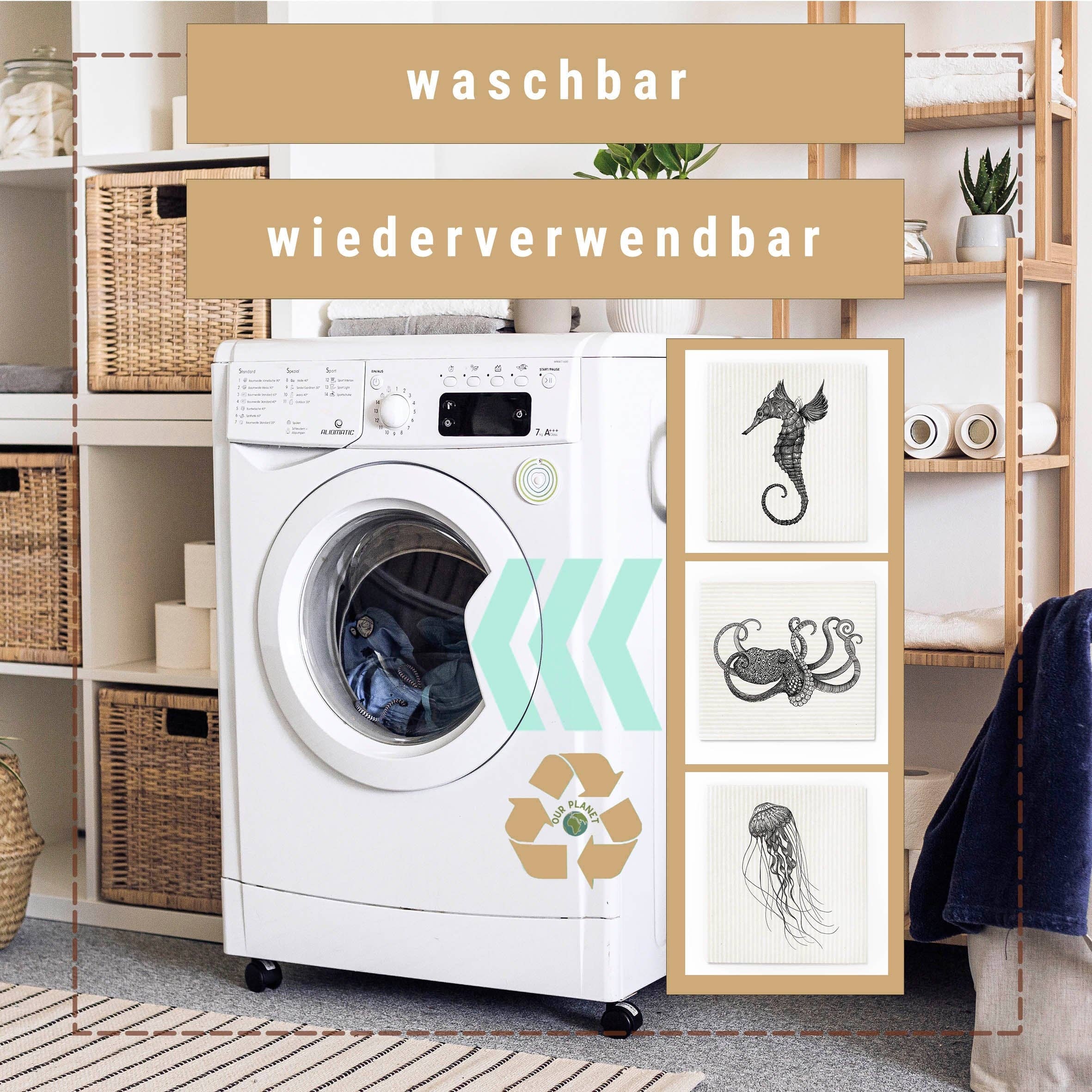 LIGARTI – toalha de cozinha por atacado – Conjunto com 3 panos de esponja - tema vida marinha6