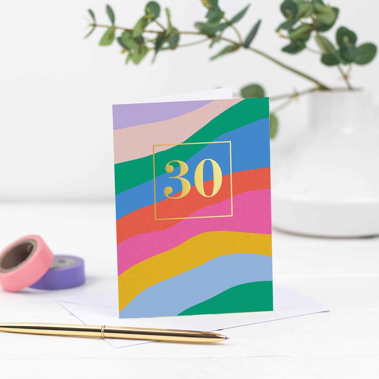 Mifkins – wholesale Birthday card – Vibrant Striped 30th Birthday Card with Gold Foil Number7