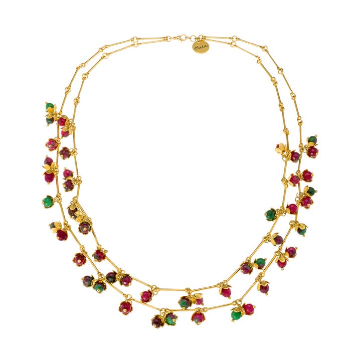 Vergulde halsketting met twee rijen en hangers van agaatbloemen voor wholesale door MARA MADE IN GREECE