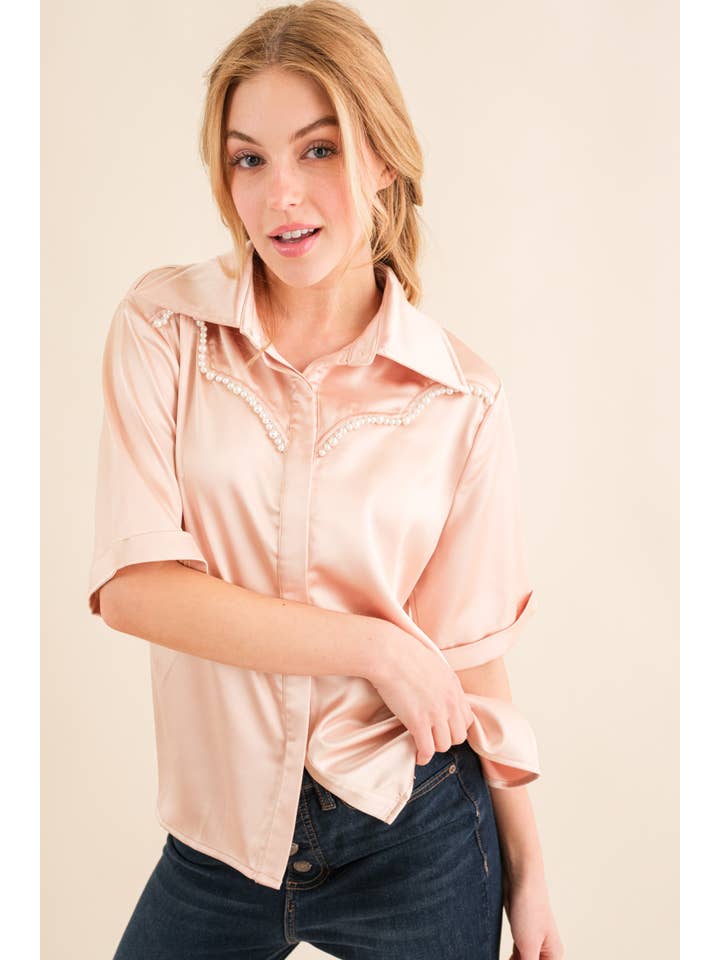 AND THE WHY - Wholesale Button Down Shirt - Women's - ATW15026 - Satin Faux Pearl Oversized Half Sleeve Shirts