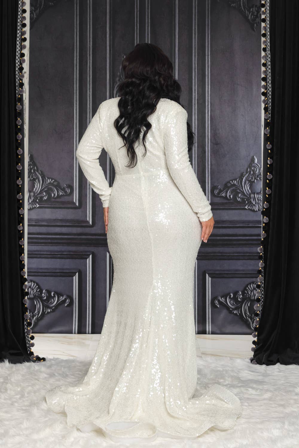 Blanc Robe maxi à sequins blancs à manches longues P9256AP5-PLUS en vente sur Faire2