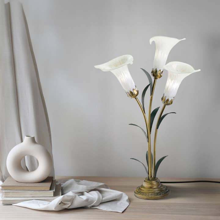 23.5"H White 3 Shade Handblown Glass Calla Lily Table Lamp for wholesale by River of Goods
