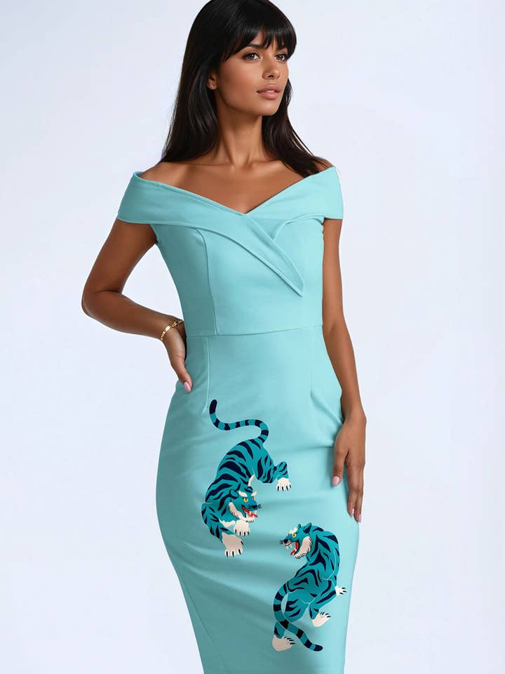 Fierce Tigers Print on Sky Blue Marina Off-Shoulder Dress for wholesale on Faire1