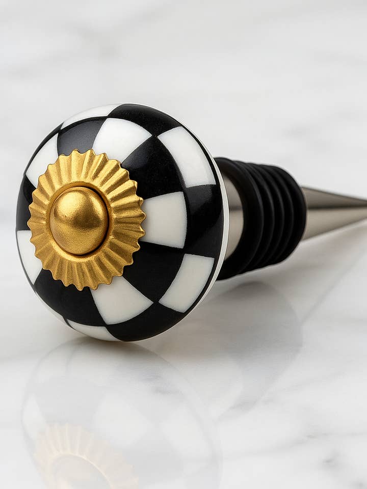 Ceramic Bottle Stopper, Black & White Checks for wholesale by Vinotopia