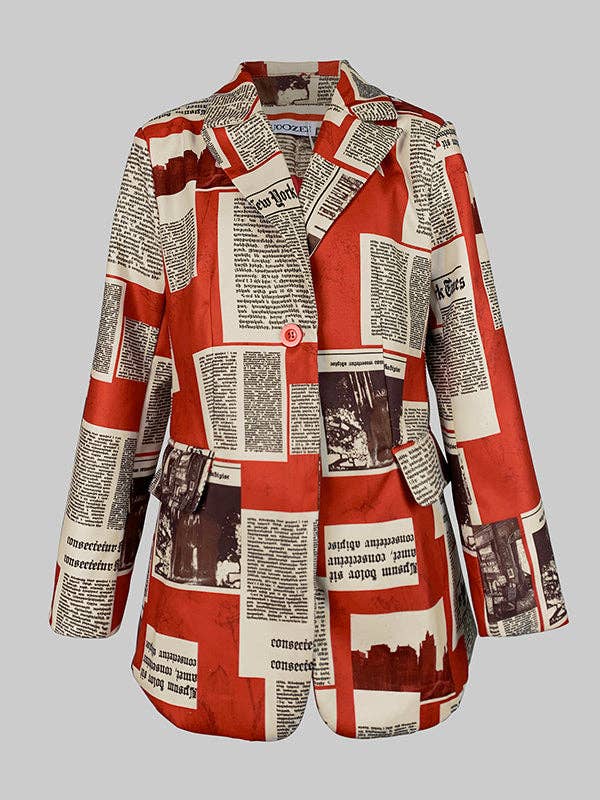 RED WHITE Long Sleeves Jacket Loose Buttoned Newspaper Print Pockets Split-Joint Notched Collar Blazer Outerwear for wholesale on Faire7