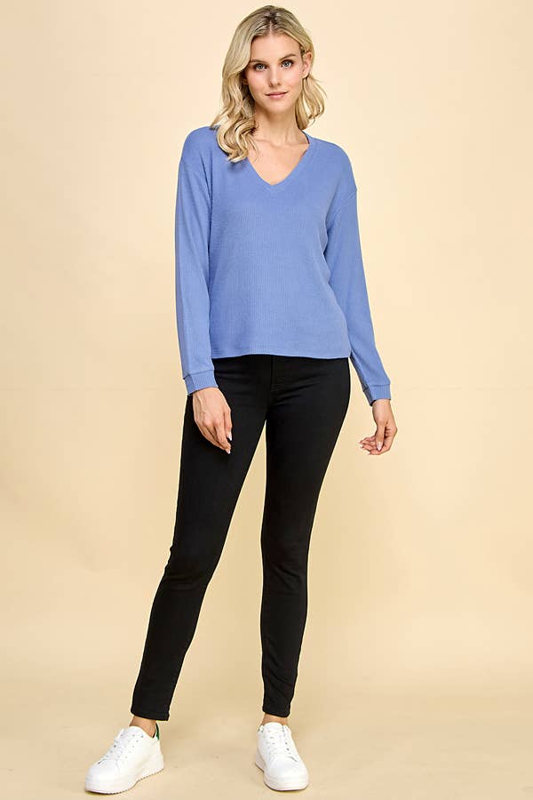 Heart & Hips - Venta al por mayor Jersey corto de punto - Mujer - RT51814L - CAMISETA DE MANGA LARGA CON CUELLO EN V Y AJUSTE HOLGADO DE PUNTO RIBETEADO CEPILLADO4