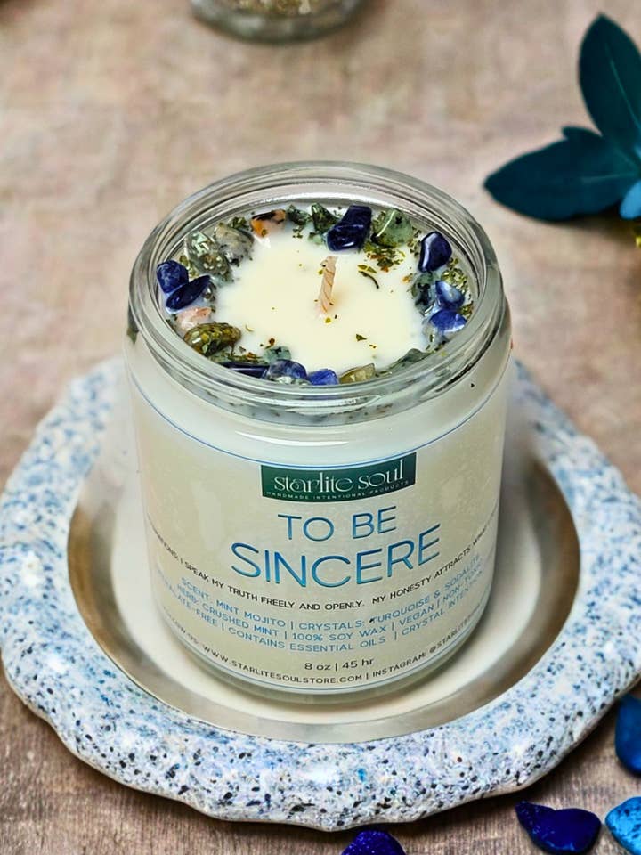SINCERE Intention Soy Candle with Crystals, Private Label for wholesale by Starlite Soul Store