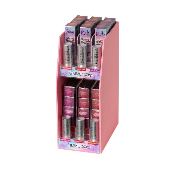 Gimme Glitter Lippenstift Roze Display Set, 48 stuks voor wholesale door Rude Cosmetics