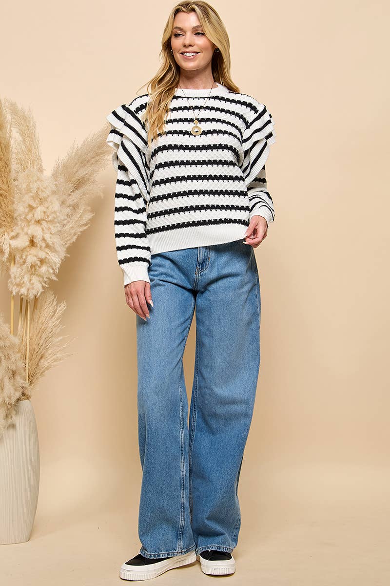 Schwarz/Weiss Gestreifter Pullover mit Rüschenbesatz  für den Großhandel auf Faire8
