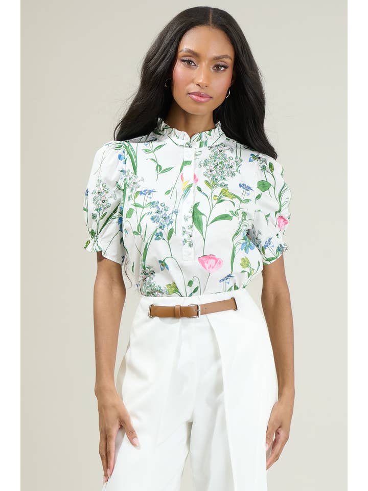 WHT PINK GREEN Clove Garden Floral Puff Sleeve Top for wholesale on Faire