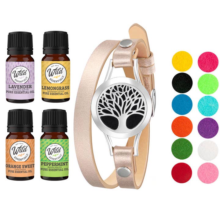 Tree Of Life Rose Gold Leather Bracelet Diffuser w/ 4 Oils for wholesale by Wild Essentials