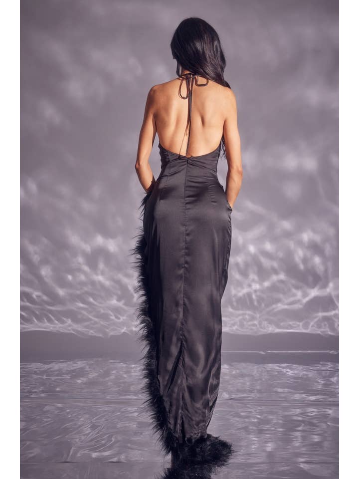 WFFS - Wholesale Dress – Women's - Satin Maxi Fur Trim Dress2
