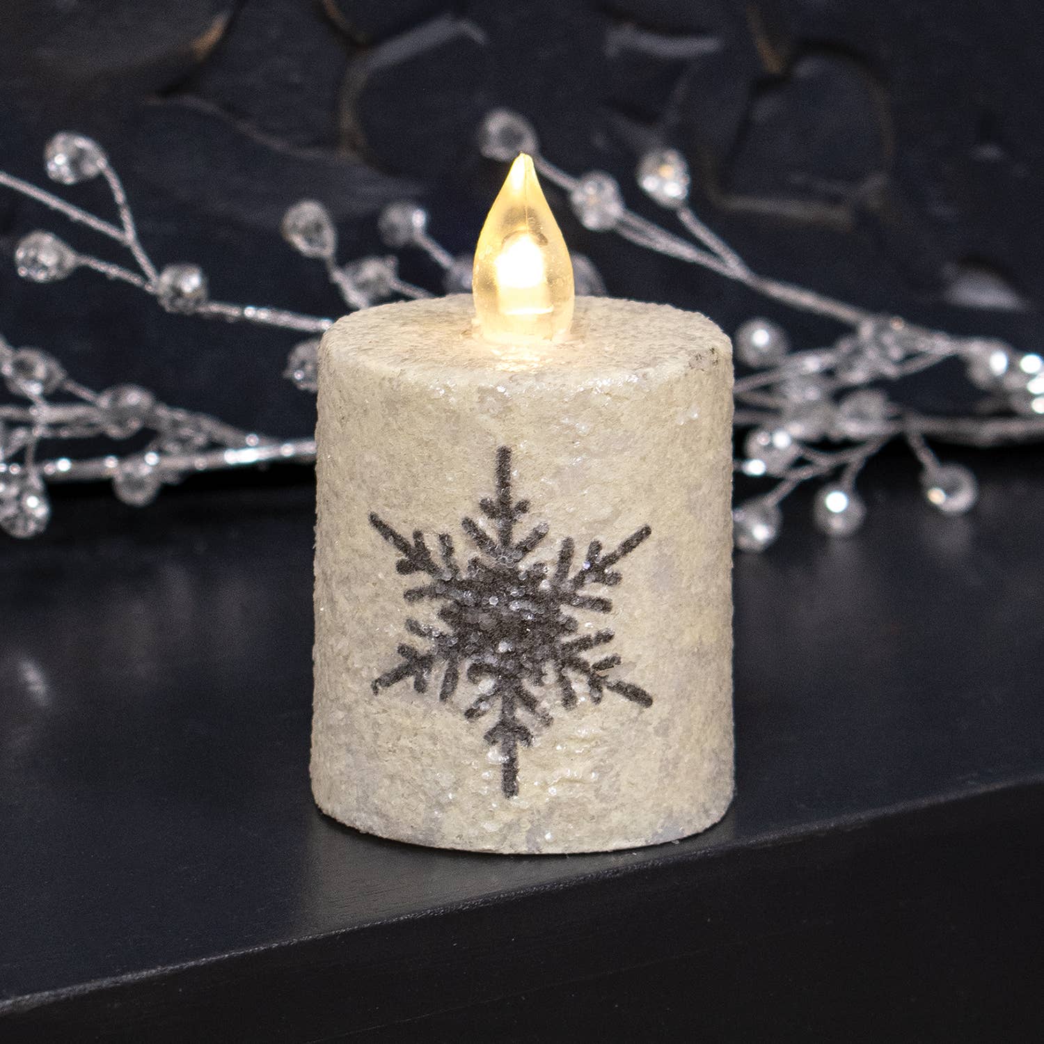 Col House Designs - Wholesale Flameless candle - Glitter Snowflake Flicker Flame Timer Pillar, 2.25" x 2.5"1