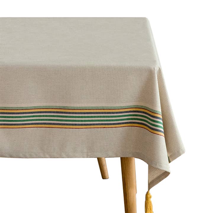 Classic Striped Cotton Blend Woven Tablecloth with Tassels for wholesale by Fennco Styles