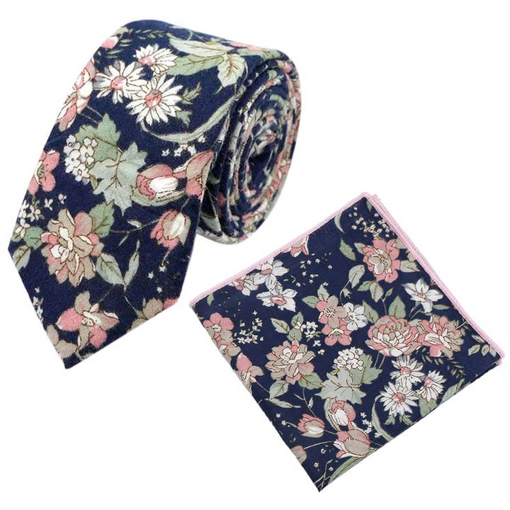 Margot Blue & Pink Floral Tie and Pocket Square Set for wholesale by Dickie Bow