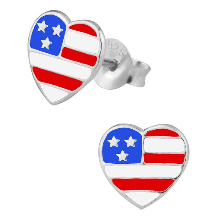 Orecchini cuore bandiera americana in argento sterling per la vendita all'ingrosso da parte di Penny & Piper