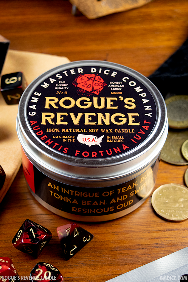 Game Master Dice – Velas de viagem por atacado – Vela Gamer Rogue's Revenge com fragrância amadeirada6