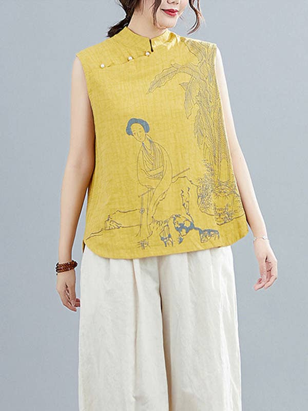 Sheer Trend - Wholesale Blouse - Women's - Artistic Retro Chinese-Style Printed Buttoned Stand Collar Sleeveless T-Shirt