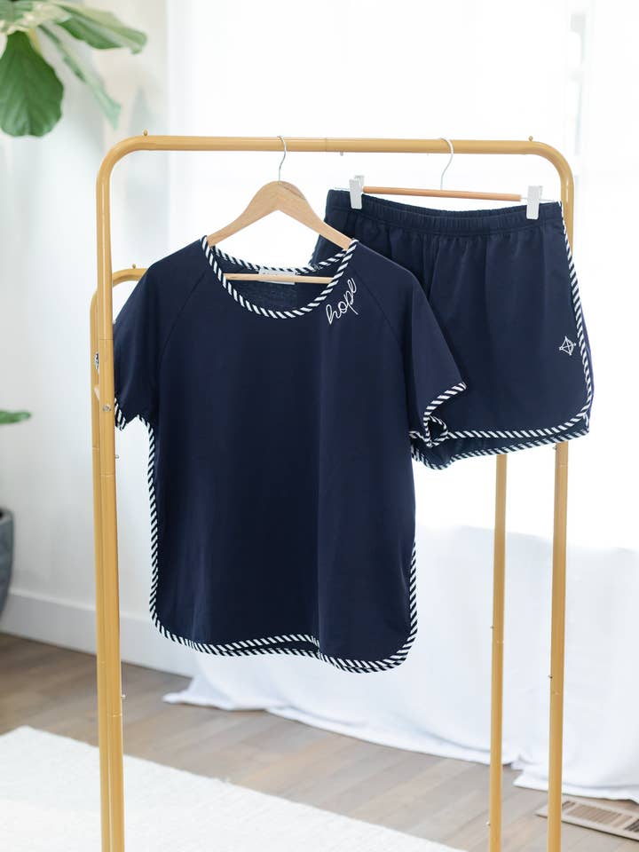 Women’s “Hope” Embroidered Navy Cotton Pajama Shorts Set for wholesale by Word Warriors