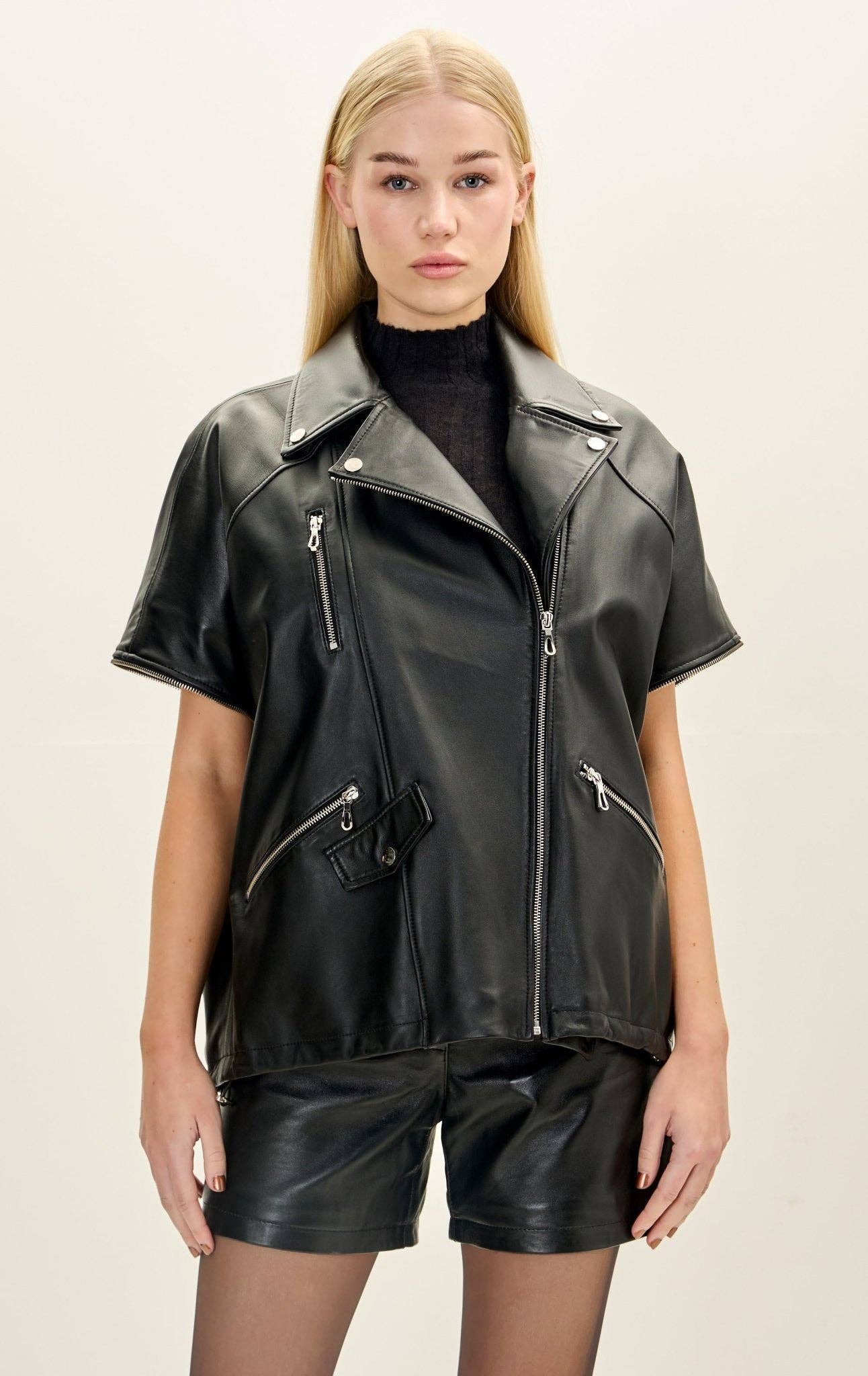 Women’s Lambskin Leather Removable Sleeves Jacket - Black for wholesale on Faire4