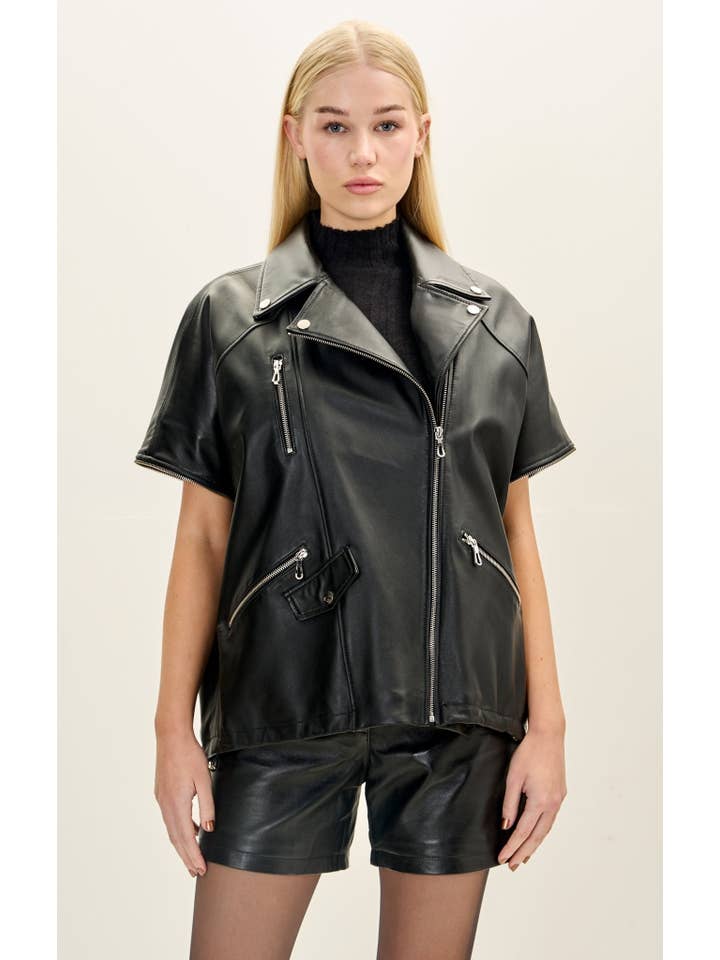 Women’s Lambskin Leather Removable Sleeves Jacket - Black for wholesale on Faire4