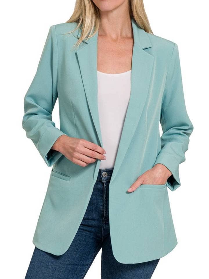 Blazer classique tissé à manches longues et devant ouvert pour la vente par Vanilla Monkey