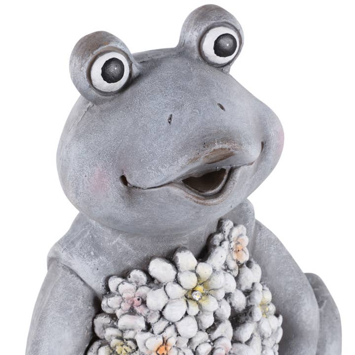 Sagebrook Home - Wholesale Outdoor Ornament/Decor - Ceramic Sitting Frog Statue Solar Flowers - Gray, 13 in.7