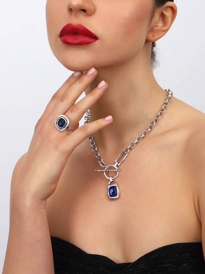 Blue Crystal Stone Pendant Chain Necklace & Earrings Set for wholesale by AVENS