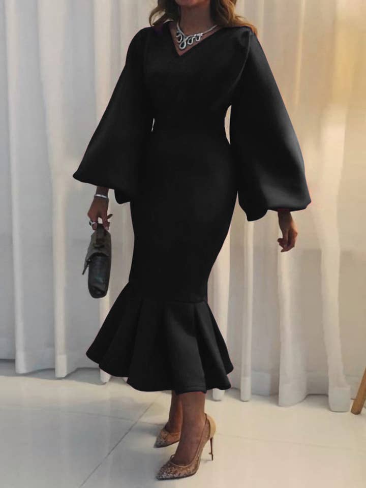 Aria Romance - Wholesale Dress - Women's - V-Neck Long Sleeve Fishtail Maxi Dress4