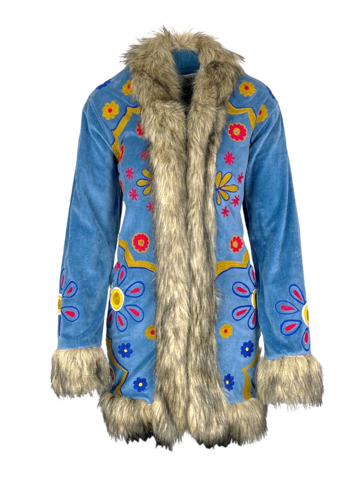 Blue Boho Bloom Faux Fur Penny Lane Trim Jacket for wholesale on Faire
