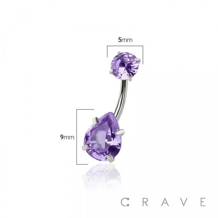 CRAVE - Wholesale Belly Ring - ROUND CZ TOP AND TEARDROP CZ PRONG SET CZ 316L SURGICAL STEE5