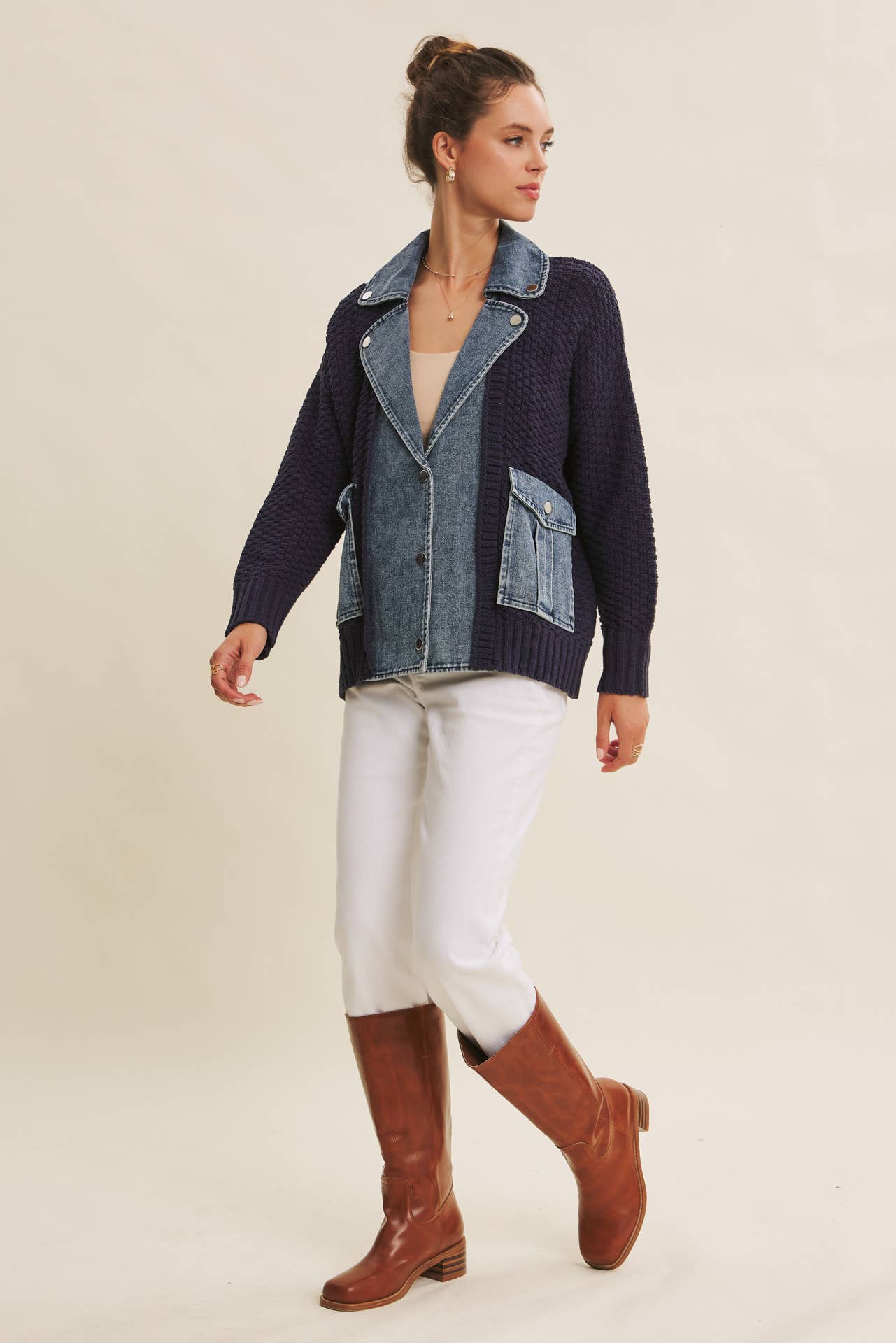 in february - Wholesale Cardigan - Women's - WASHED DENIM AND SWEATER MIXED OVERSIZED CARDIGAN11