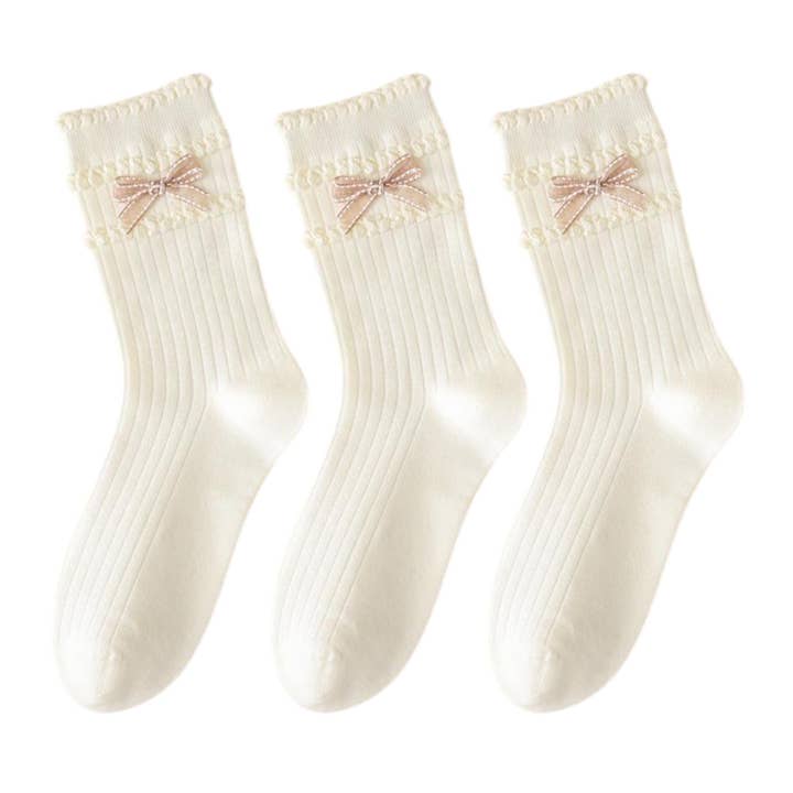 AK Brand - Wholesale Socks – Women's - 3-Pack Women's Cotton Crew Socks with Ribbed Knit, Satin Bow Accen