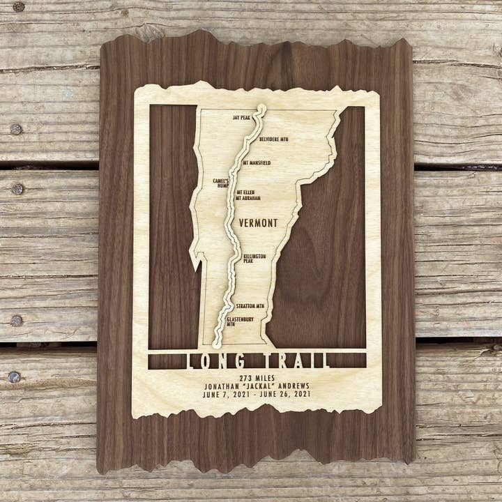 Vermont Long Trail Map - Wood cut map of Long Trail Gift for Hikers for wholesale by Mountaincut