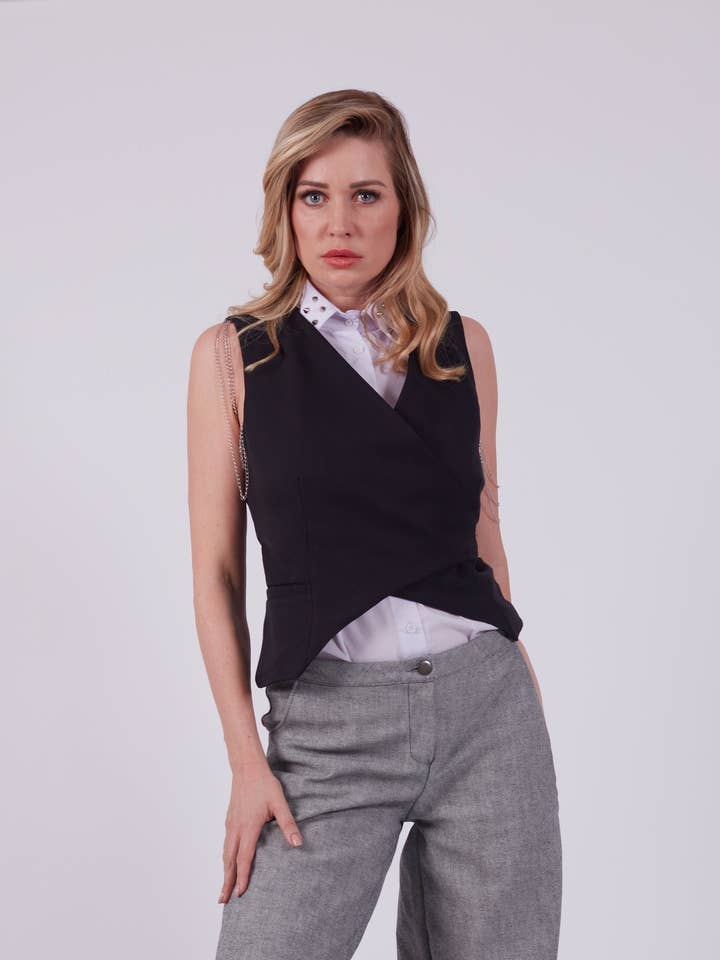 Women's Wrap Vest in Black for wholesale by Wadsworth House