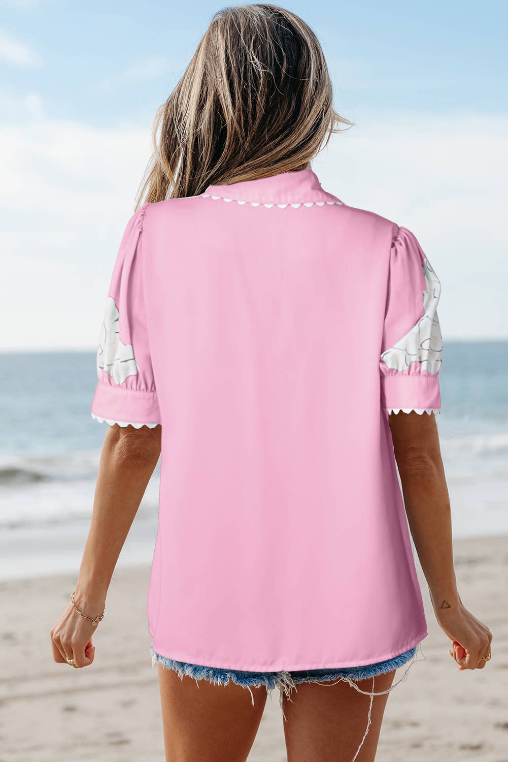 Aapparella - Vente Chemise à col boutonné – femme - Haut à boutons avec manches bouffantes et bordure en croquet floral | S-XL8