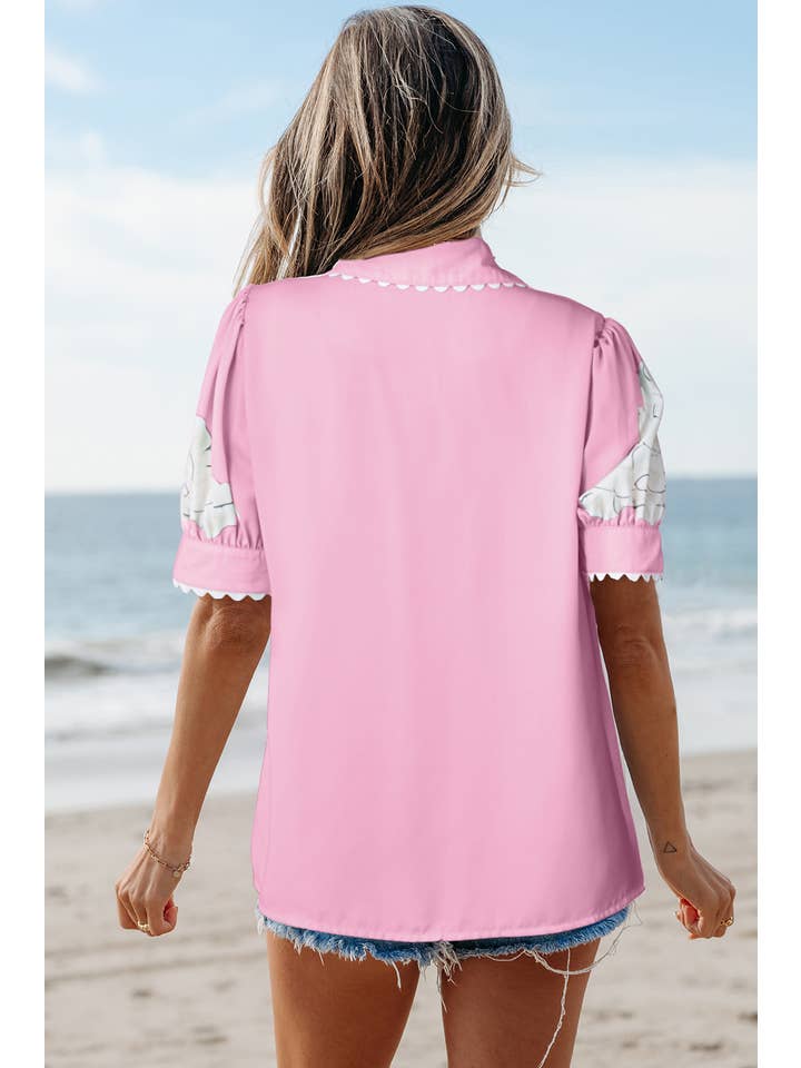 Aapparella - Vente Chemise à col boutonné – femme - Haut à boutons avec manches bouffantes et bordure en croquet floral | S-XL8