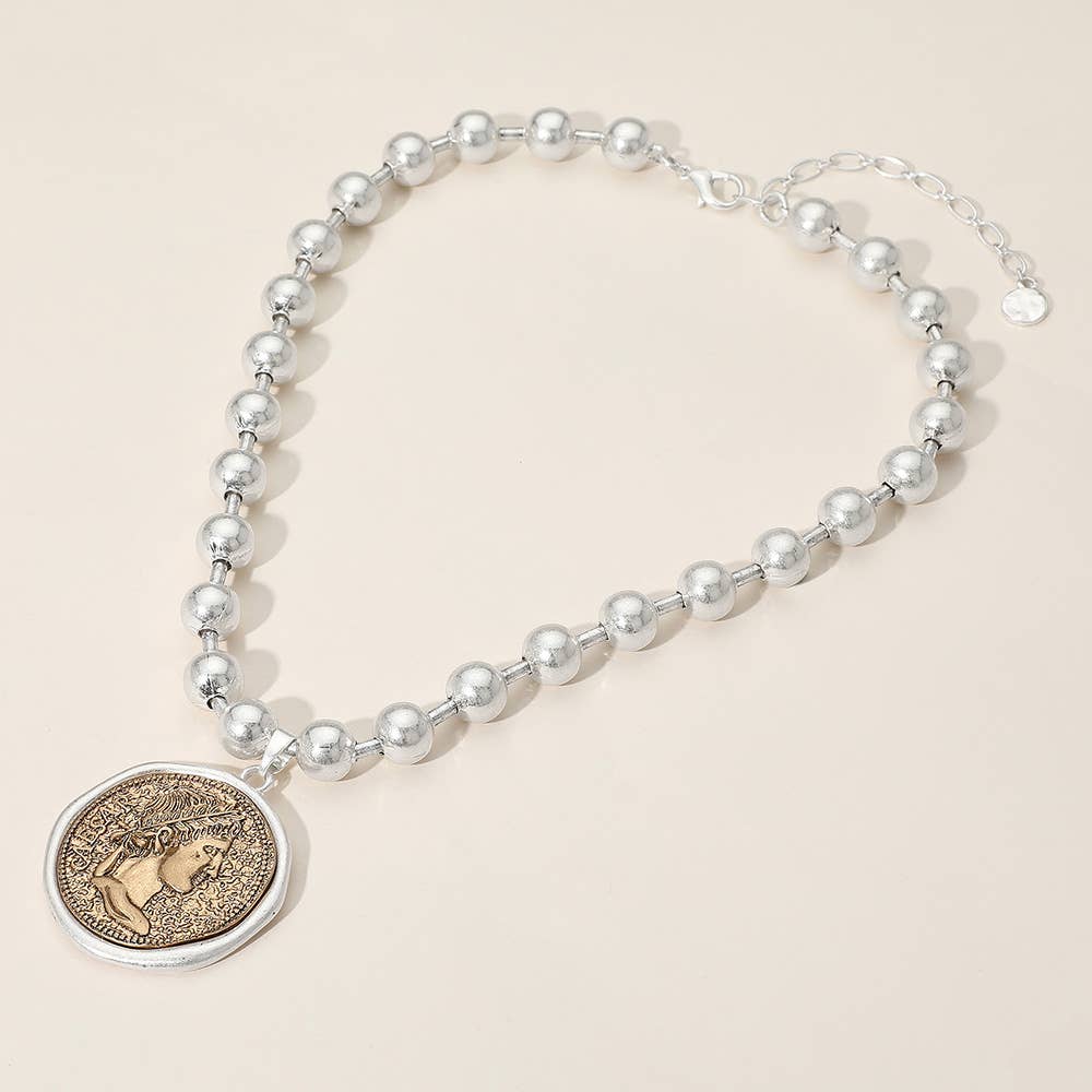 Sensibling Corp. - Wholesale Pendant/Charm Necklace - Worn Metal Roman Caesar Medal Pendant Beaded Necklace5