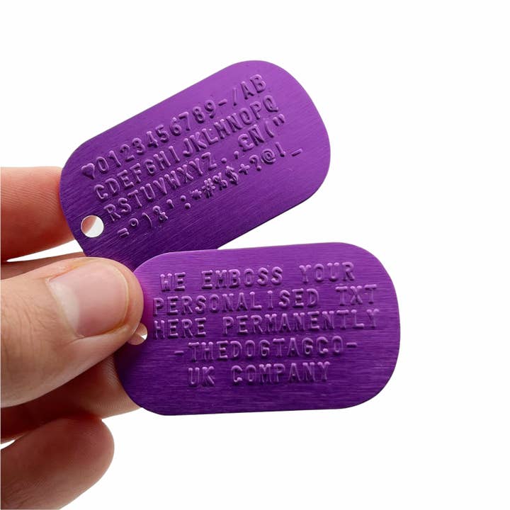 TheDogTagCo - Wholesale Pet identification tag – Cat/dog - Purple Personalised ID Dog Tag Army PAIR Set with Purple Chains (made to order)3