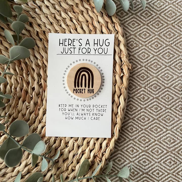 Handmade by Hammero - Wholesale Keepsake Coin/Token - Pocket Hug, Brave Button, and Smile - Wood Engraved Token