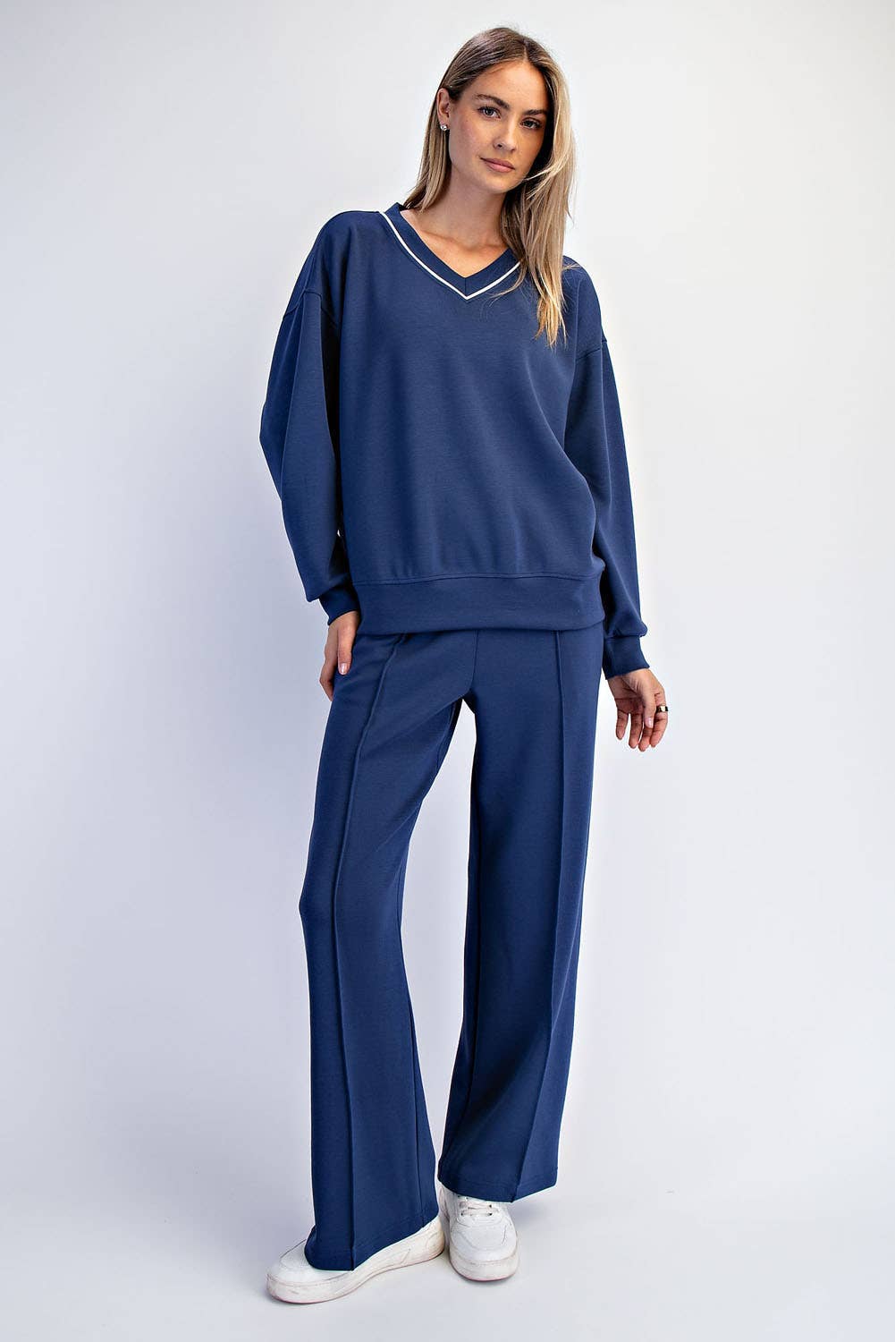 Rae Mode - Wholesale Lounge Top - Women's - MODAL SCUBA V NECK PIPING TOP19