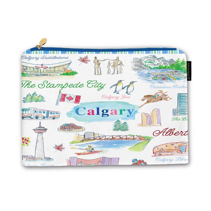 Northern Icons Canada - Wholesale Pouch - Women's - Calgary Alberta Medium Pouch Bag – Illustrated Canadian City Travel Organizer