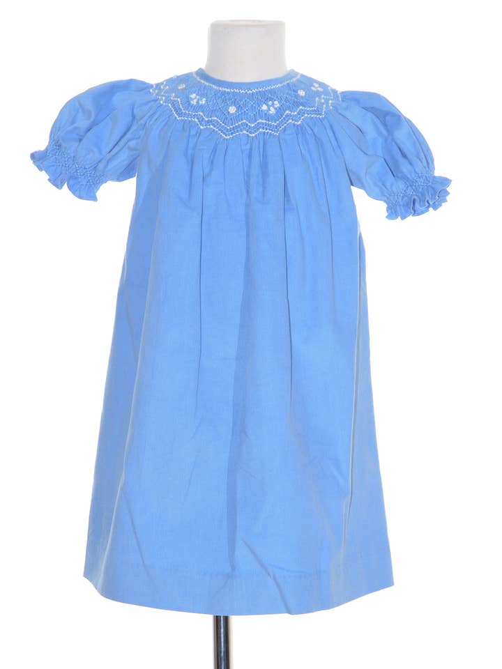 Blue Corduroy Smocked with Pearl Bishop Dress for wholesale by Hello Bebes!