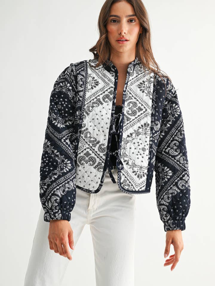 CJJ26827 Bandana Patchwork Tie-Front Jacket for wholesale by Camellia