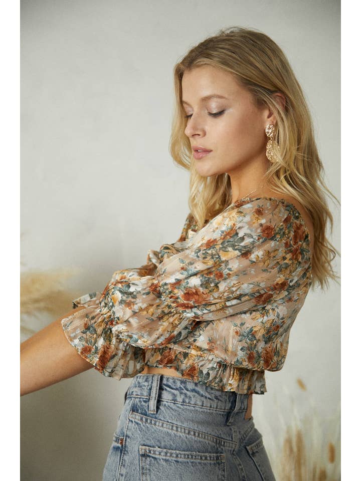CHAMPAGNE JT6231 Floral Square Neckline metallic print Chiffon Top for wholesale on Faire