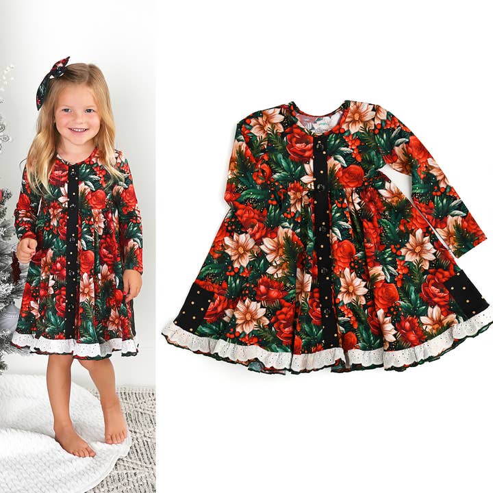 Gloria Floral Button Dress Christmas Toddler Lace Clothing for wholesale by Gigi and Max