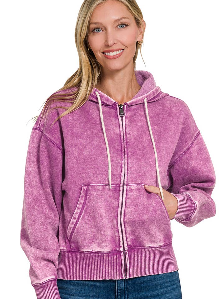 .0812 Acid Wash Fleece Cropped Zip Up Hoodie SI-25313 for wholesale by 42POPS