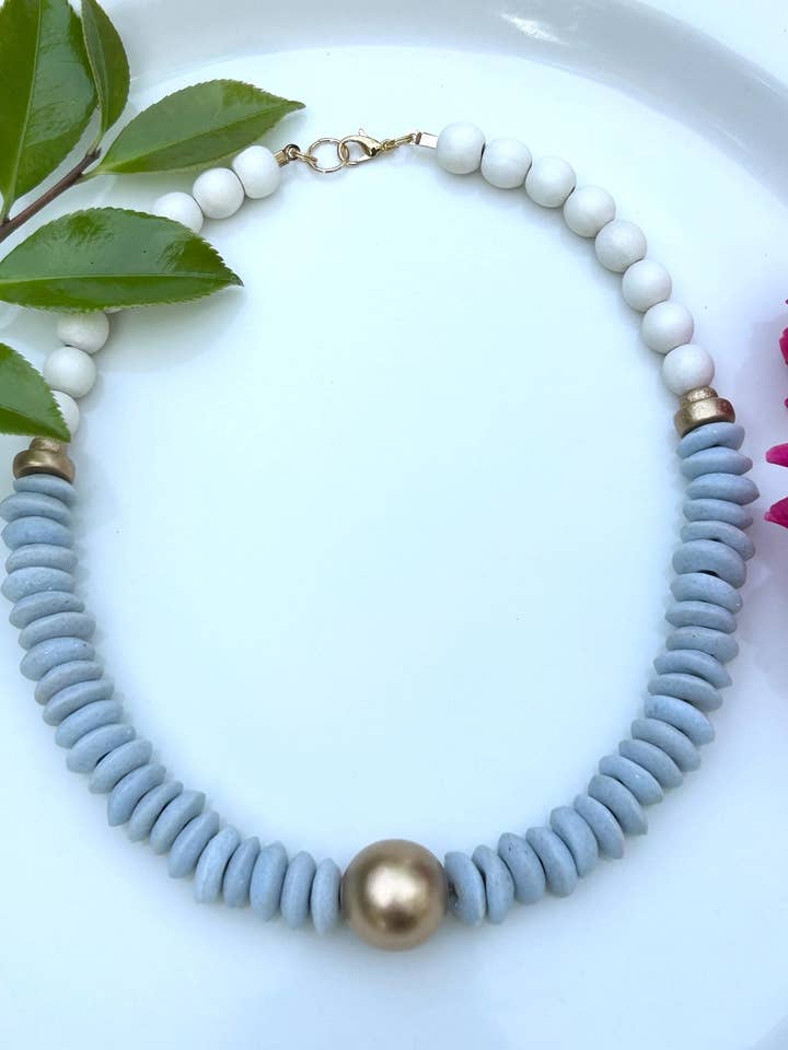 Baby blue and white beaded statement necklace UNC game day for wholesale by April Mae Designs